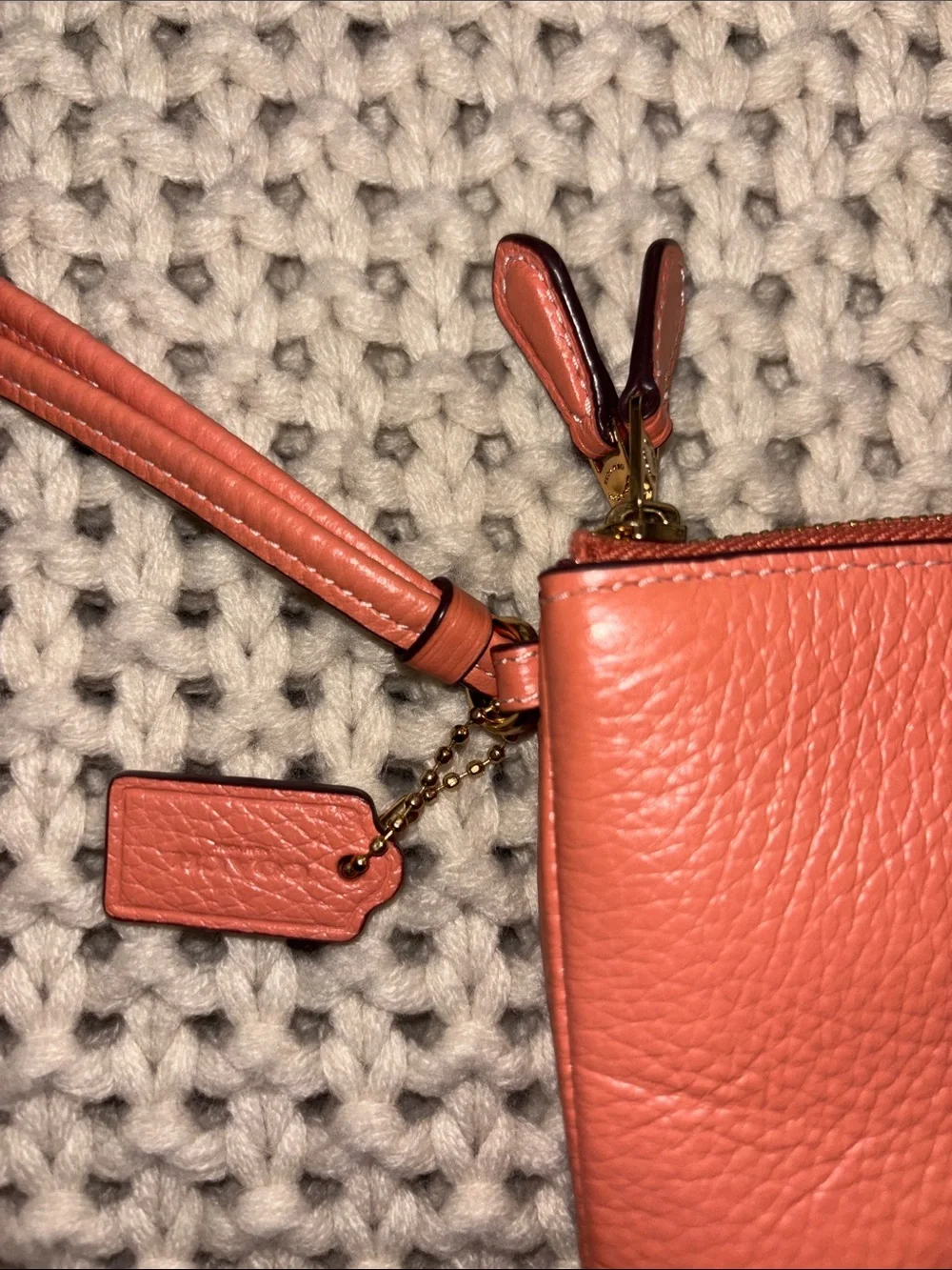 Coach Coral/Peach Gold Pebbled Leather Wristlet double corner zip